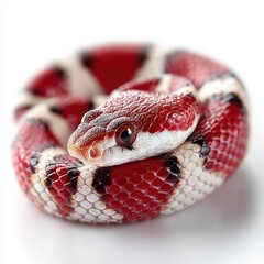 Fototapeta premium Red and White Snake Coiled on White Background