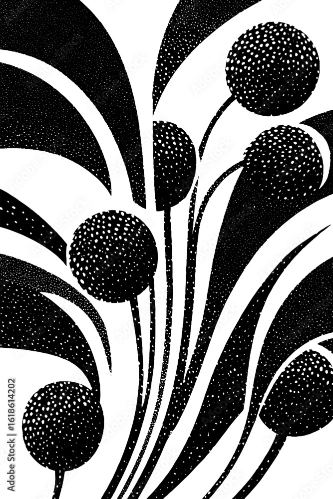 Poster abstract pattern with curved lines and seed-like dots for modern design