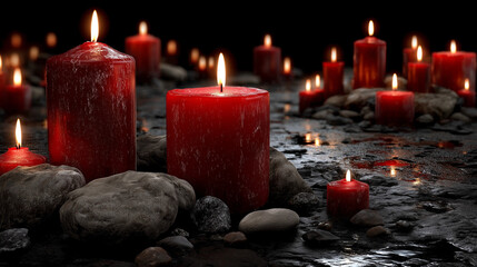 Close up big red candles on the black floor , darmood.