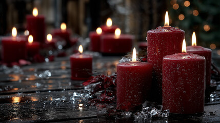 Lot of red candle on the black floor , dark mood.