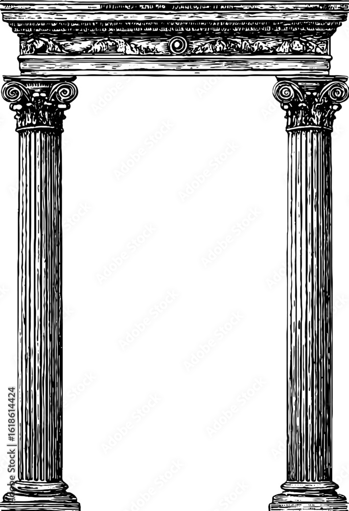 Poster vintage architectural frame featuring stylized corinthian columns for design projects