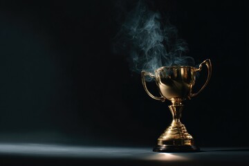 A gold trophy sits on a dark surface, emanating wispy smoke, suggesting recent victory or accomplishment, bathed in dramatic low-key lighting