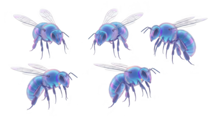 Iridescent bees flying plain white background graphic art insect illustration for design and creative projects