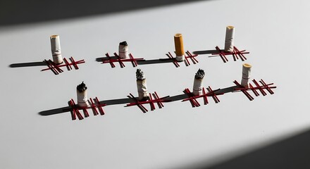 Rows of extinguished cigarettes, meticulously arranged on red lines, casting shadows on a white surface.