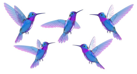 Obraz premium Five hummingbird digital renderings mid-air wings spread against a white background ideal for nature science or art design
