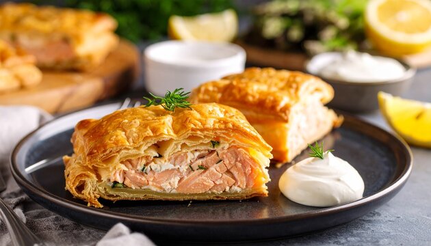 Savory salmon fillet baked in golden puff pastry, served on a dark plate with a creamy dill sauce