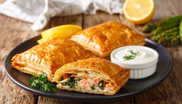 Savory homemade salmon puff pastry parcels filled with spinach and served with a creamy dill sauce and lemon.