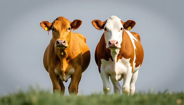 Two cows standing in a grassy field looking at the camera