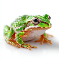Obraz premium Green Frog with Water Droplets on White