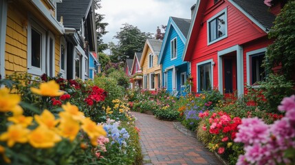 Colorful houses lined with flowers in a vibrant neighborhood