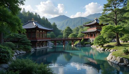 Fototapeta premium Serene asian garden with traditional architecture and tranquil waterway