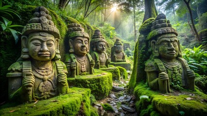 Fototapeta premium Overgrown Mayan Pyramid Ruins in Dense Jungle with Mossy Stones and Cinematic Mystical Lighting