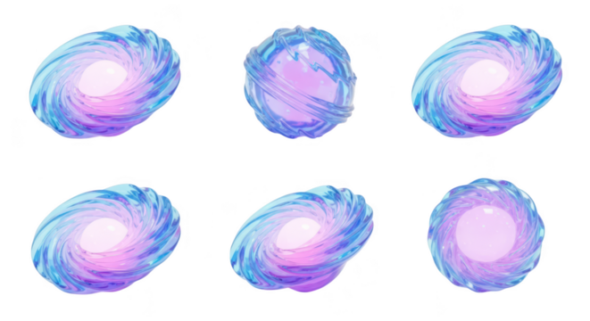 3D rendering of blue & pink swirling energy orbs rotating on a white backdrop used for fantasy sci-fi or concept art