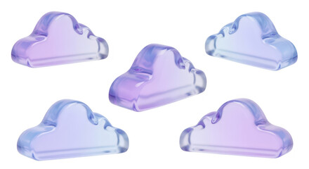 3D rendered glass clouds floating on a white background representing computing or data storage concepts perfect for websites or presentations
