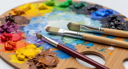 Artist s wooden palette with colorful paints and brushes isolated on white background