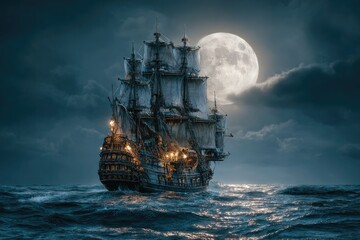 A majestic, dark-hulled galleon sails under a luminous full moon, its sails billowing in the night, lanterns aglow against a moody, dark ocean