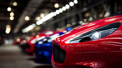 Fototapeta premium Polished cars in a sleek lineup, embodying modern automotive elegance and precision craftsmanship.