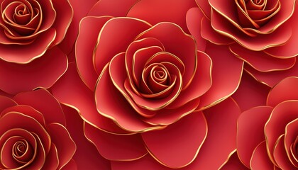 Hand-Drawn Red Watercolor Pattern With Golden Roses: Wedding, Birthday, Valentine'S Day Greeting Card And Invitation For Mother'S Day And Holidays.