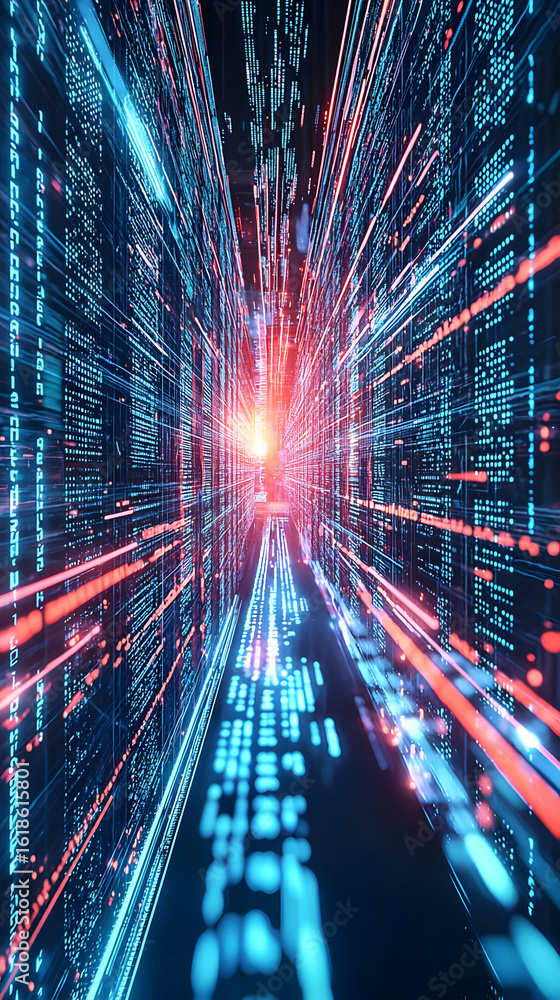 Poster abstract digital data tunnel with glowing lines