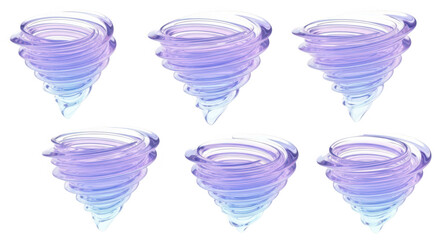 Six transparent swirling vortex illustrations in various sizes on a white backdrop suitable for weather science or environmental visuals