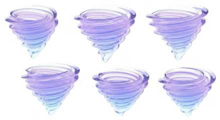 Six transparent swirling vortex illustrations in various sizes on a white backdrop suitable for weather science or environmental visuals