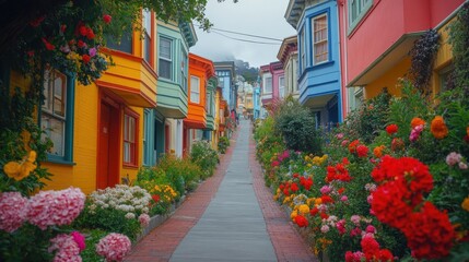 Colorful houses lining a flower-filled street pathway