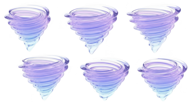 Six transparent swirling vortex illustrations in various sizes on a white backdrop suitable for weather science or environmental visuals