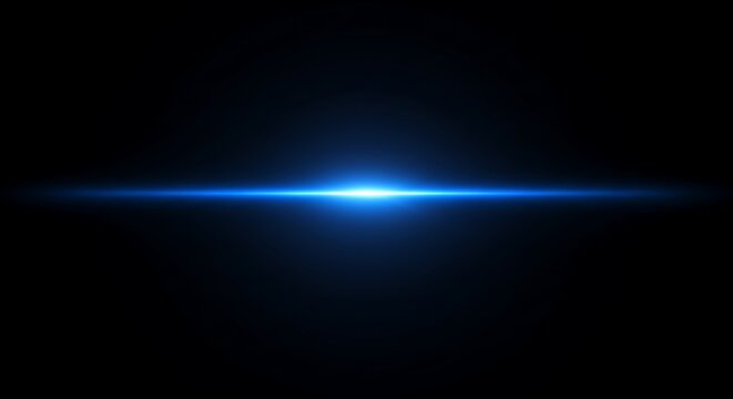 A bright blue lens flare glows against a black background
