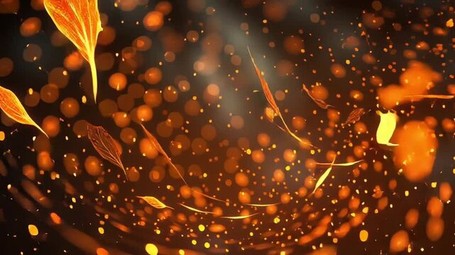 flowing ember particles, glowing autumn leaves made of light, spiraling in warm updrafts, dark background with rich amber, copper, orange glow, dreamy surreal lavafall effect, cinematic movement