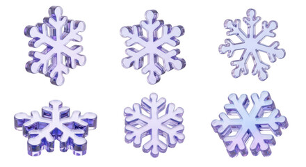 Purple glass snowflakes arranged on a white background representing winter decoration and Christmas themes
