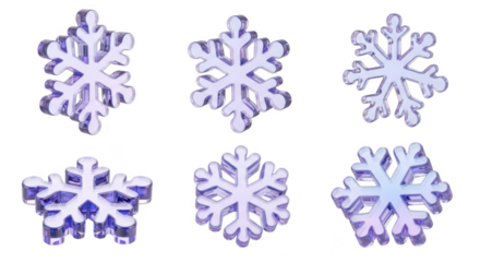 Purple glass snowflakes arranged on a white background representing winter decoration and Christmas themes