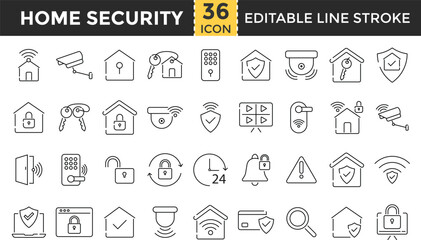 Home Security Line Icon Set. Pixel Perfect and Outline Editable Stroke Icons collection for Home Security, House Protection, Smart House, Alarm, Surveillance, Safety, Lock, CCTV, Sensor,Access Control