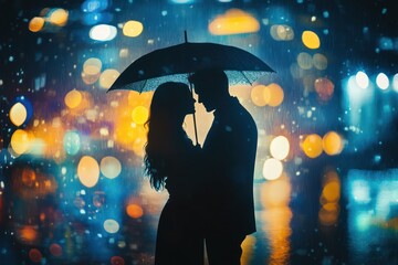 Couple under umbrella on rainy city night