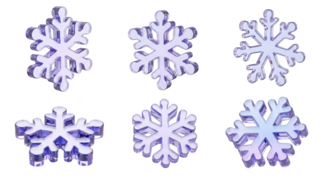 Purple glass snowflakes arranged on a white background representing winter decoration and Christmas themes