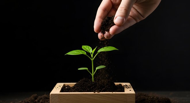 Hand nurturing a seedling by adding fertile soil in a square wooden planter representing growth and sustainability on black background