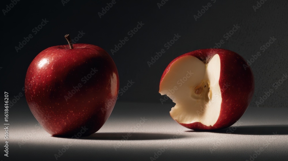 Poster apple core with single bite mark beside polished whole apple. conceptual still life about temptation