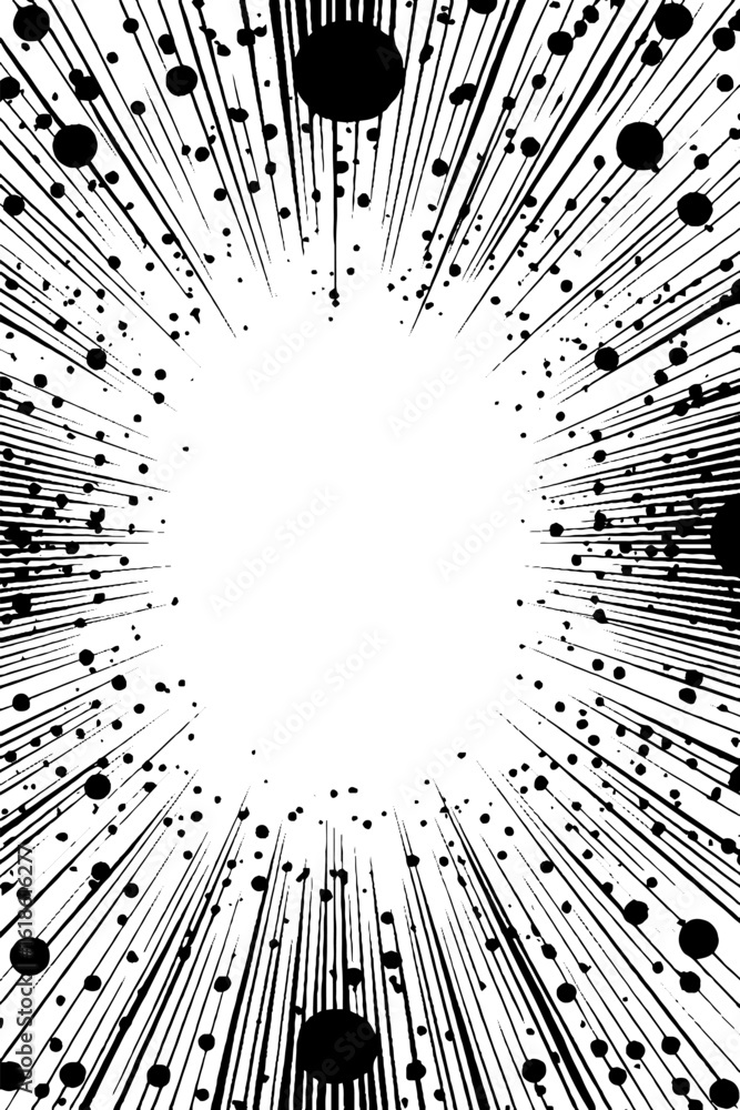 Poster symmetrical border with radial lines and circular orbs for design backgrounds