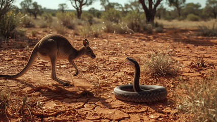 Obraz premium Kangaroo and snake in wild standoffperfect for documentaries and educational use. 