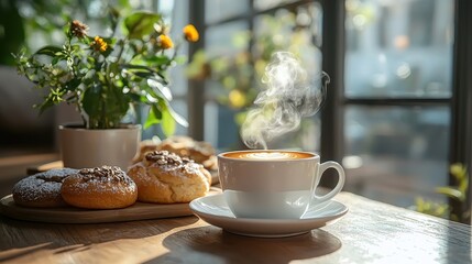 Warm Coffee Cup with Steam and Pastries on Wooden Table