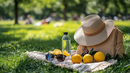 Refreshing summer picnic with lemonade and citrus fruits on a sunny park day