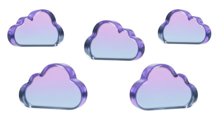 Five transparent purple cloud shapes on white Illustration suggests cloud computing data storage or online services with a clean background