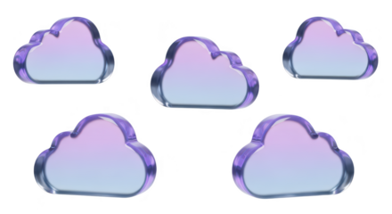 Five transparent purple cloud shapes on white Illustration suggests cloud computing data storage or online services with a clean background