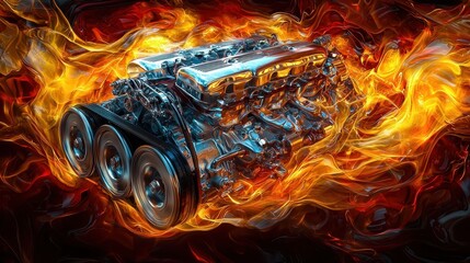Powerful Engine Surrounded by Fiery Flames and Intense Heat