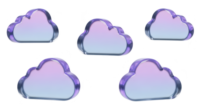 Five transparent purple cloud shapes on white Illustration suggests cloud computing data storage or online services with a clean background