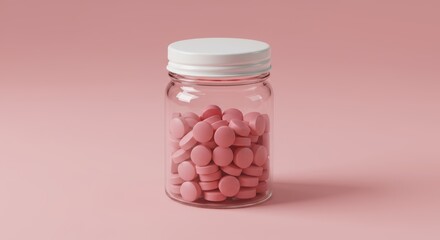 Pink pills in a glass bottle symbolizing health and wellness on a pastel pink background