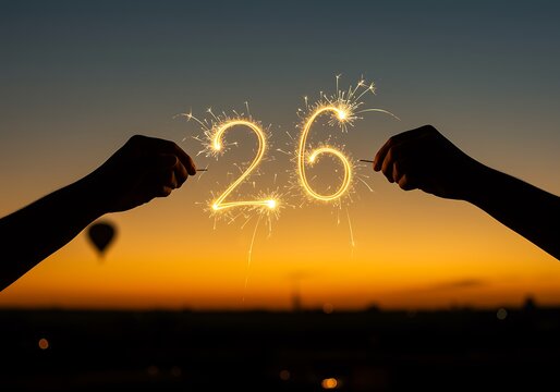 Celebrating twenty six years with sparklers against a vibrant sunset creating a magical moment