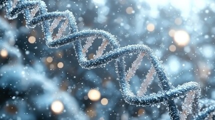 Intricate DNA Helix Structure in Blue and White with Snowflakes