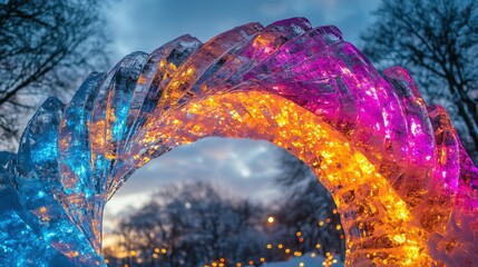 Colorful ice sculpture arch glowing at winter festival