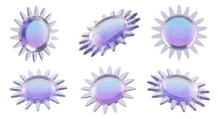 3D rendered transparent sun shapes in various angles on a white background for abstract design or creative visualization