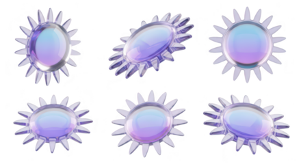 3D rendered transparent sun shapes in various angles on a white background for abstract design or creative visualization